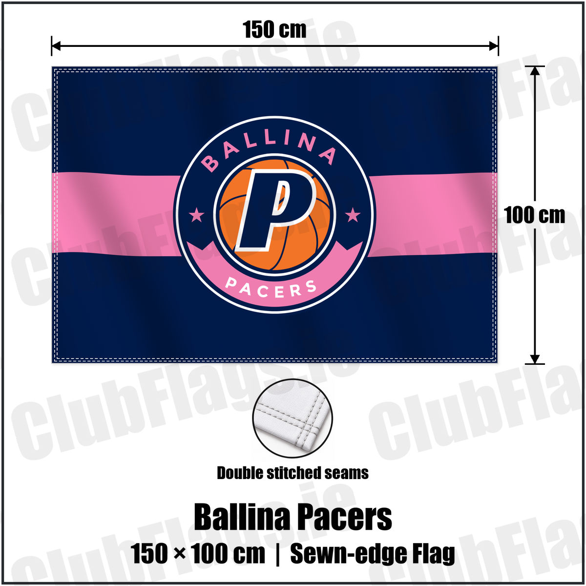 Ballina Pacers 100cm x 150cm Flag (sewn on the edges) with the club crest and colours, Mayo Basketball - ClubFlags.ie