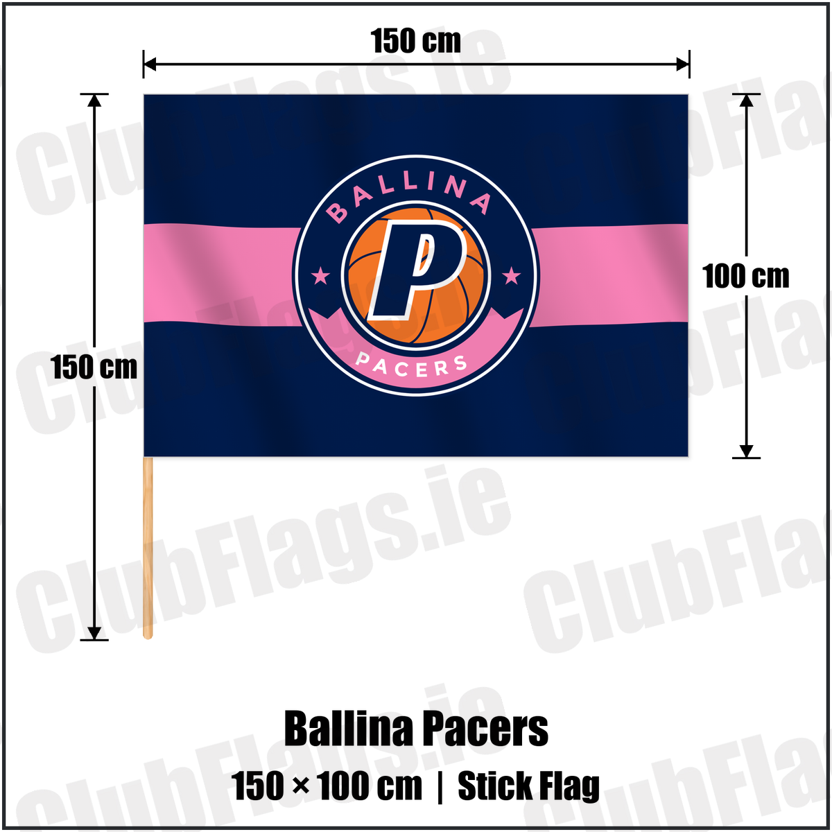 Ballina Pacers 100cm x 150cm Stick Flag with the club crest and colours, Mayo Basketball - ClubFlags.ie