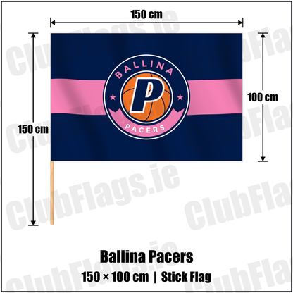 Ballina Pacers 100cm x 150cm Stick Flag with the club crest and colours, Mayo Basketball - ClubFlags.ie
