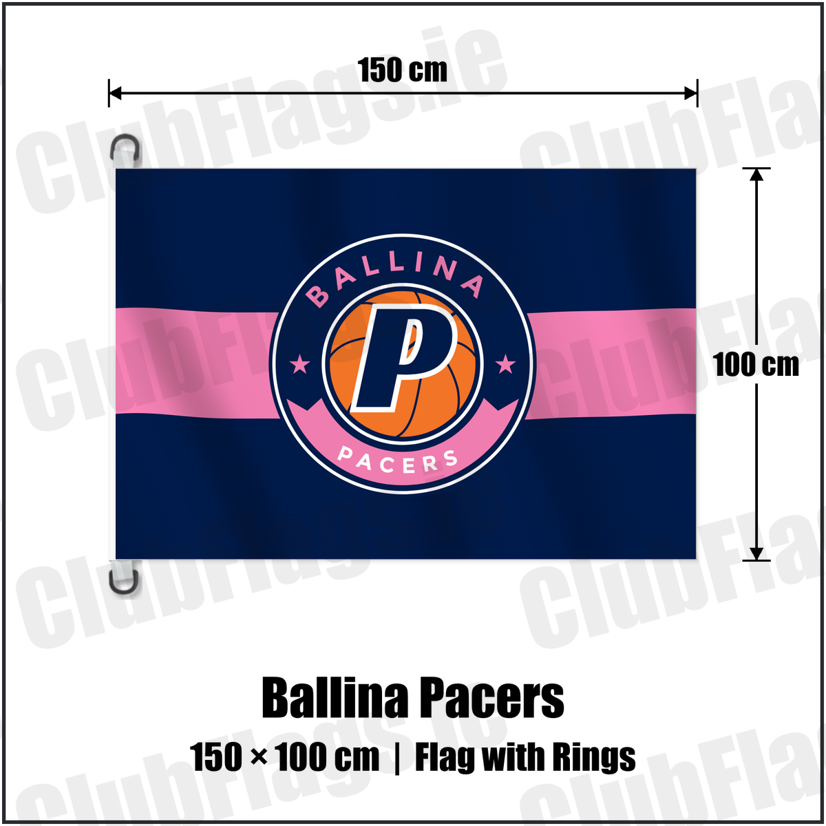 Ballina Pacers 150cm x 100cm Flag Pole Flag with Rings with the club crest and colours, Mayo Basketball - ClubFlags.ie