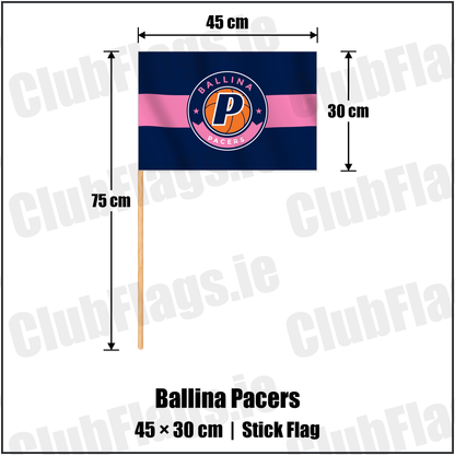 Ballina Pacers 30cm x 45cm Stick Flag with the club crest and colours, Mayo Basketball - ClubFlags.ie