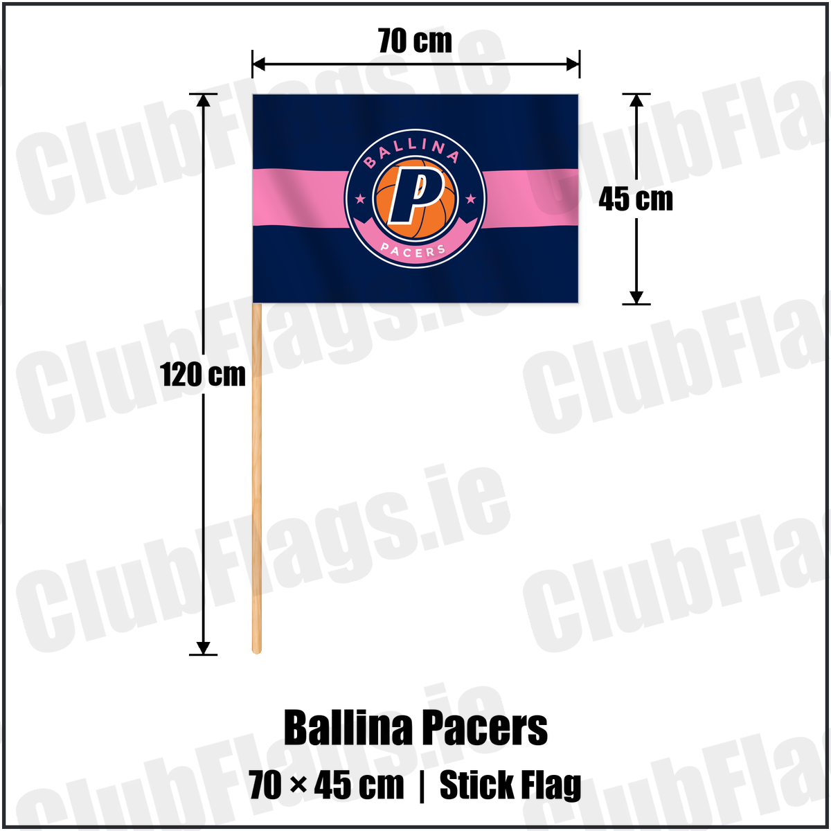 Ballina Pacers 45cm x 70cm Stick Flag with the club crest and colours, Mayo Basketball - ClubFlags.ie