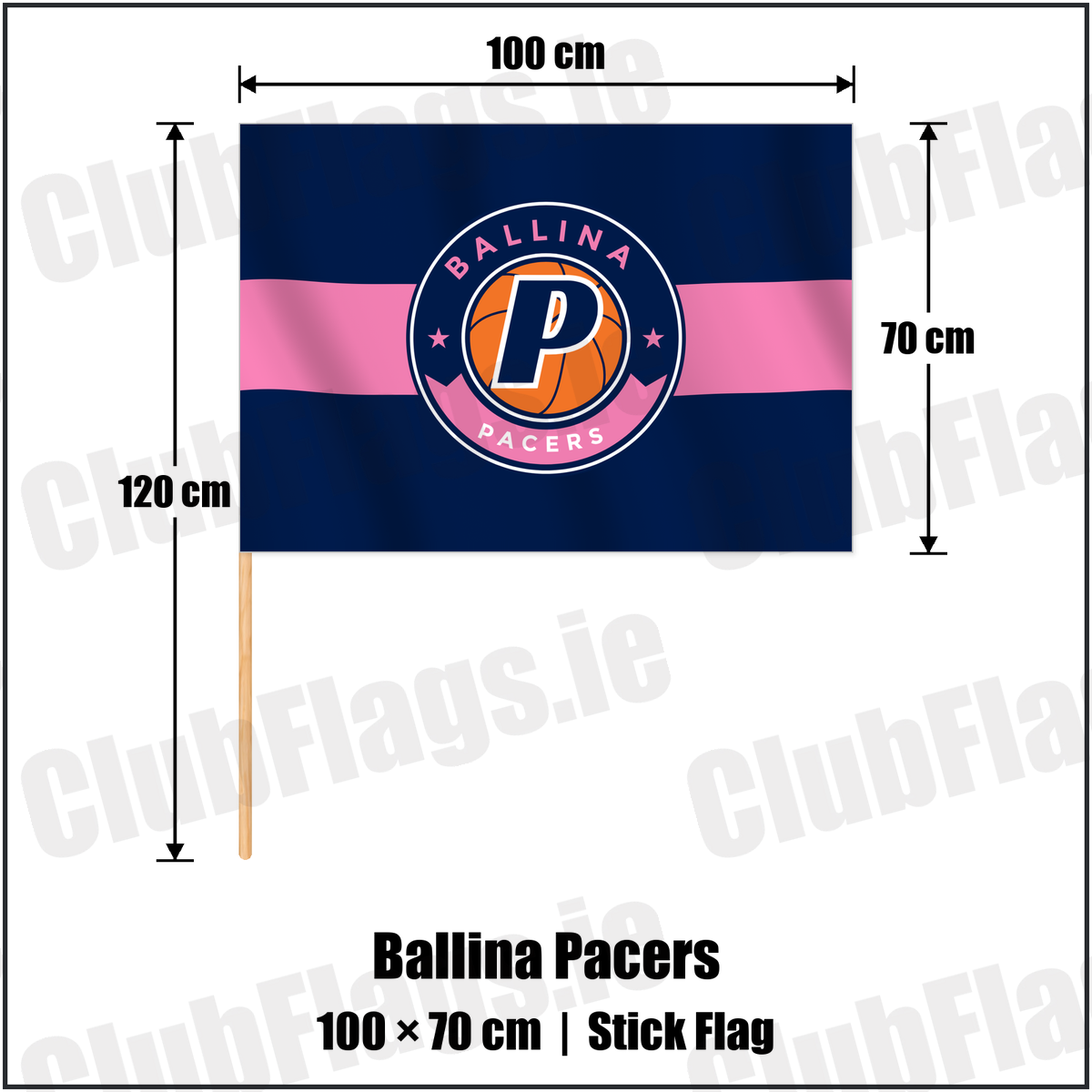 Ballina Pacers 70cm x 100cm Stick Flag with the club crest and colours, Mayo Basketball - ClubFlags.ie