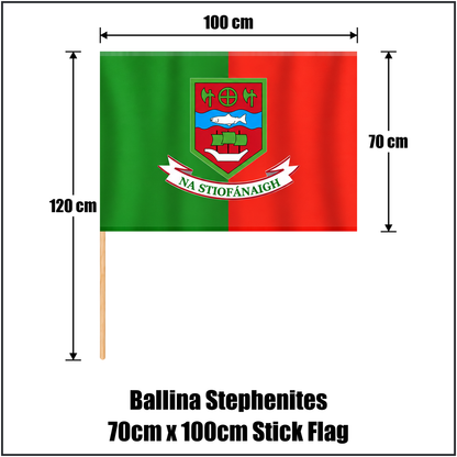 Ballina Stephenites 70cm x 100cm Stick Flag, featuring the club crest and green and red colours; County Mayo GAA. ClubFlags.ie.