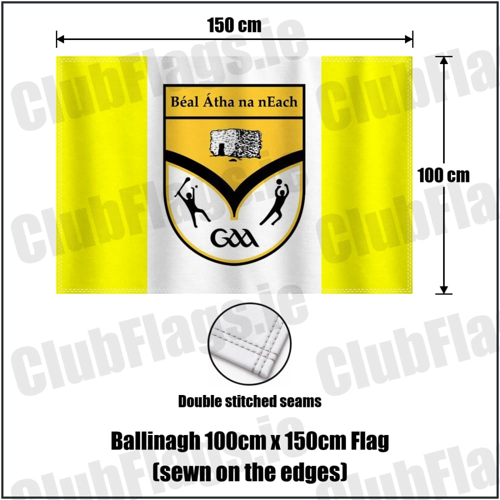 Ballinagh 100cm x 150cm Flag (sewn on the edges) in yellow and white, featuring the club crest on realistic fabric with gentle vertical folds; County Cavan GAA. ClubFlags.ie.