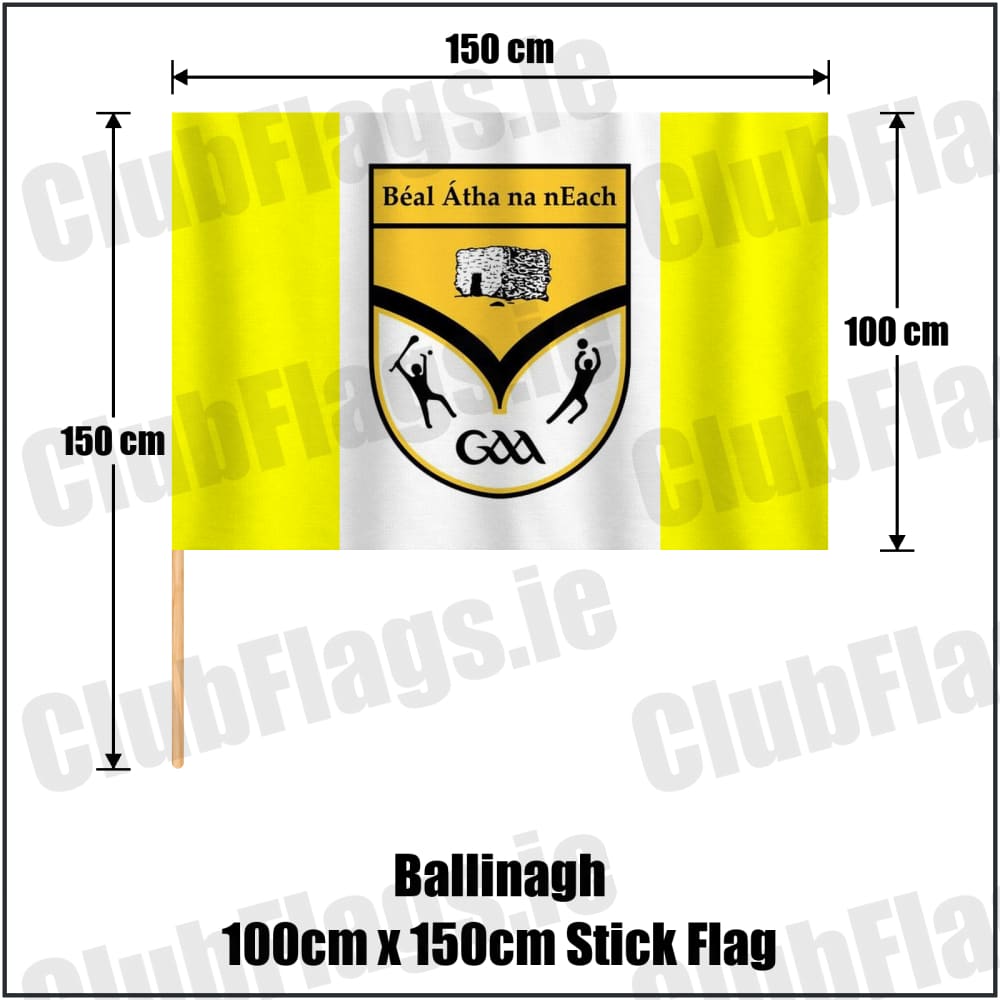 Ballinagh 100cm x 150cm Stick Flag in yellow and white, featuring the club crest on realistic fabric with gentle vertical folds; County Cavan GAA. ClubFlags.ie.