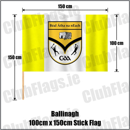 Ballinagh 100cm x 150cm Stick Flag in yellow and white, featuring the club crest on realistic fabric with gentle vertical folds; County Cavan GAA. ClubFlags.ie.