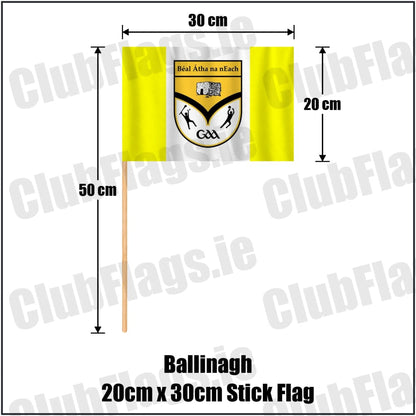 Ballinagh 20cm x 30cm Stick Flag in yellow and white, featuring the club crest on realistic fabric with gentle vertical folds; County Cavan GAA. ClubFlags.ie.