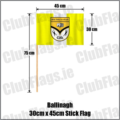 Ballinagh 30cm x 45cm Stick Flag in yellow and white, featuring the club crest on realistic fabric with gentle vertical folds; County Cavan GAA. ClubFlags.ie.