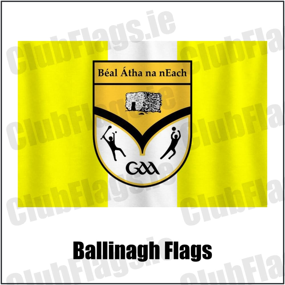 Ballinagh Flags in yellow and white, featuring the club crest on realistic fabric with gentle vertical folds; County Cavan GAA. ClubFlags.ie.