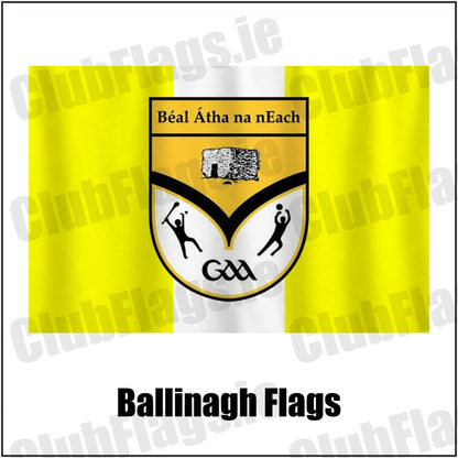Ballinagh Flags in yellow and white, featuring the club crest on realistic fabric with gentle vertical folds; County Cavan GAA. ClubFlags.ie.