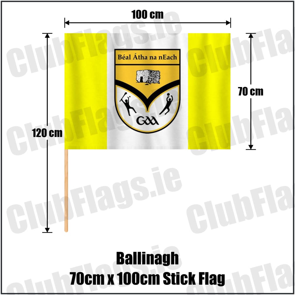 Ballinagh 70cm x 100cm Stick Flag in yellow and white, featuring the club crest on realistic fabric with gentle vertical folds; County Cavan GAA. ClubFlags.ie.