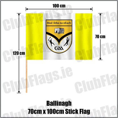 Ballinagh 70cm x 100cm Stick Flag in yellow and white, featuring the club crest on realistic fabric with gentle vertical folds; County Cavan GAA. ClubFlags.ie.