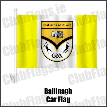 Ballinagh Car Flag in yellow and white, featuring the club crest on realistic fabric with gentle vertical folds; County Cavan GAA. ClubFlags.ie.