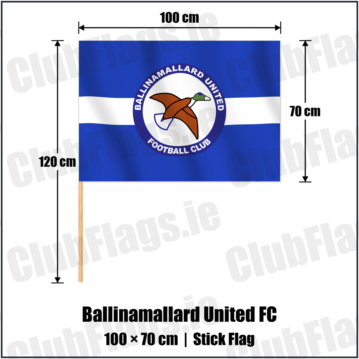 Ballinamallard United FC 70cm x 100cm Stick Flag with the verified club crest and colours, Fermanagh Football - ClubFlags.ie