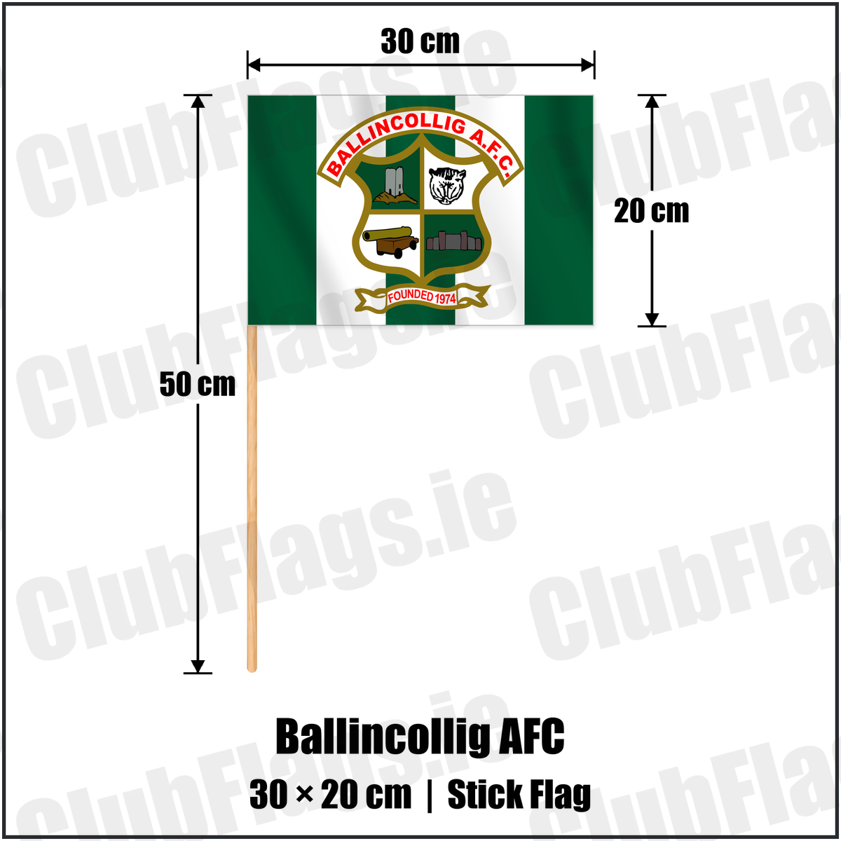 Ballincollig AFC 20cm x 30cm Stick Flag with the verified club crest and colours, Cork Football - ClubFlags.ie