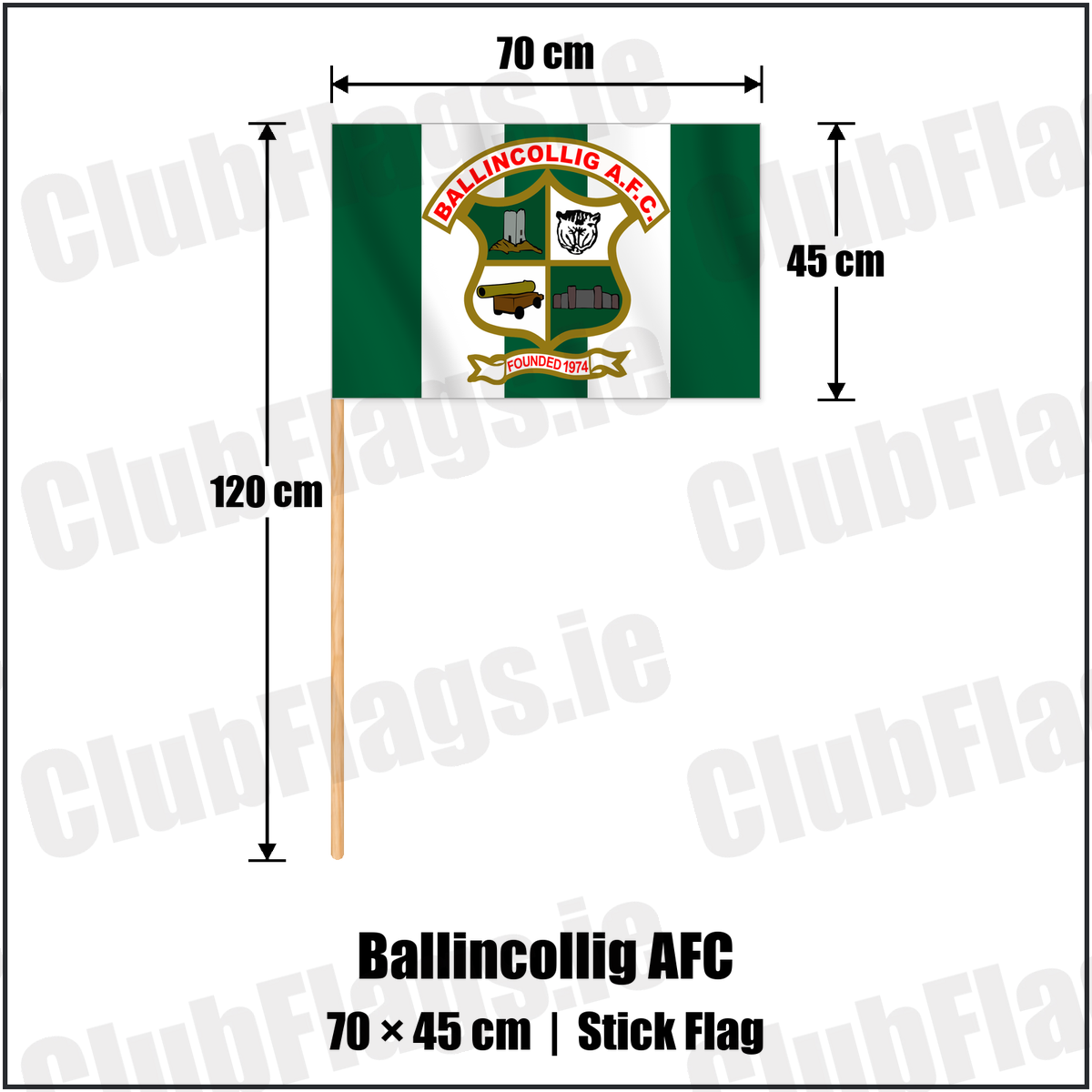 Ballincollig AFC 45cm x 70cm Stick Flag with the verified club crest and colours, Cork Football - ClubFlags.ie