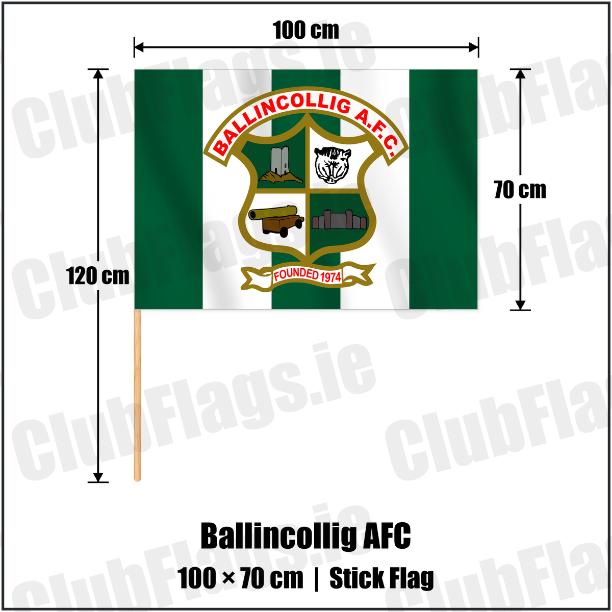 Ballincollig AFC 70cm x 100cm Stick Flag with the verified club crest and colours, Cork Football - ClubFlags.ie