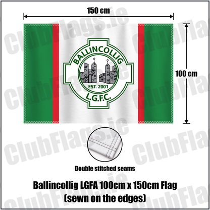 Ballincollig LGFA 100cm x 150cm Flag (sewn on the edges), featuring the club crest and green and white and red colours; Ballincollig ladies Gaelic football, County Cork. ClubFlags.ie.