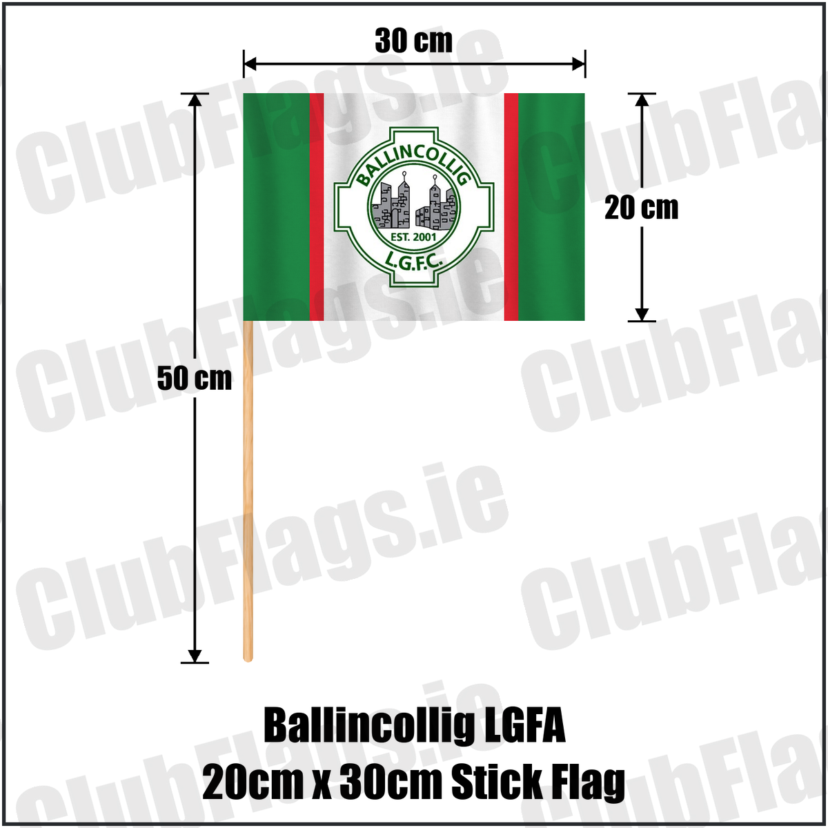 Ballincollig LGFA 20cm x 30cm Stick Flag, featuring the club crest and green and white and red colours; Ballincollig ladies Gaelic football, County Cork. ClubFlags.ie.