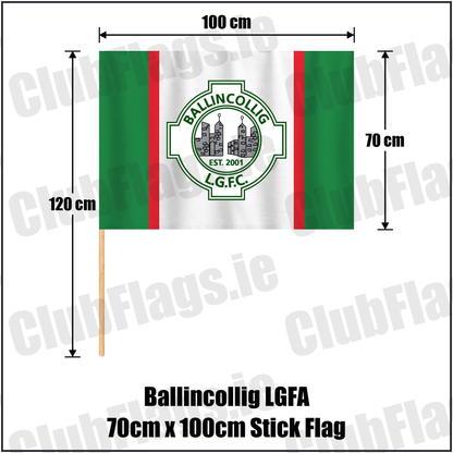 Ballincollig LGFA 70cm x 100cm Stick Flag, featuring the club crest and green and white and red colours; Ballincollig ladies Gaelic football, County Cork. ClubFlags.ie.
