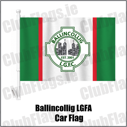 Ballincollig LGFA Car Flag, featuring the club crest and green and white and red colours; Ballincollig ladies Gaelic football, County Cork. ClubFlags.ie.