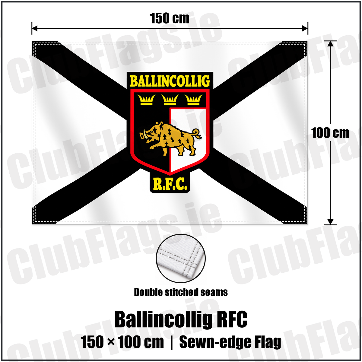 Ballincollig RFC 100cm x 150cm Flag (sewn on the edges) with the club crest and colours, Cork Rugby - ClubFlags.ie