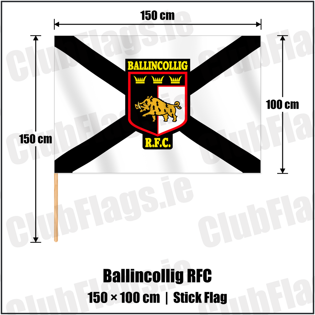 Ballincollig RFC 100cm x 150cm Stick Flag with the club crest and colours, Cork Rugby - ClubFlags.ie