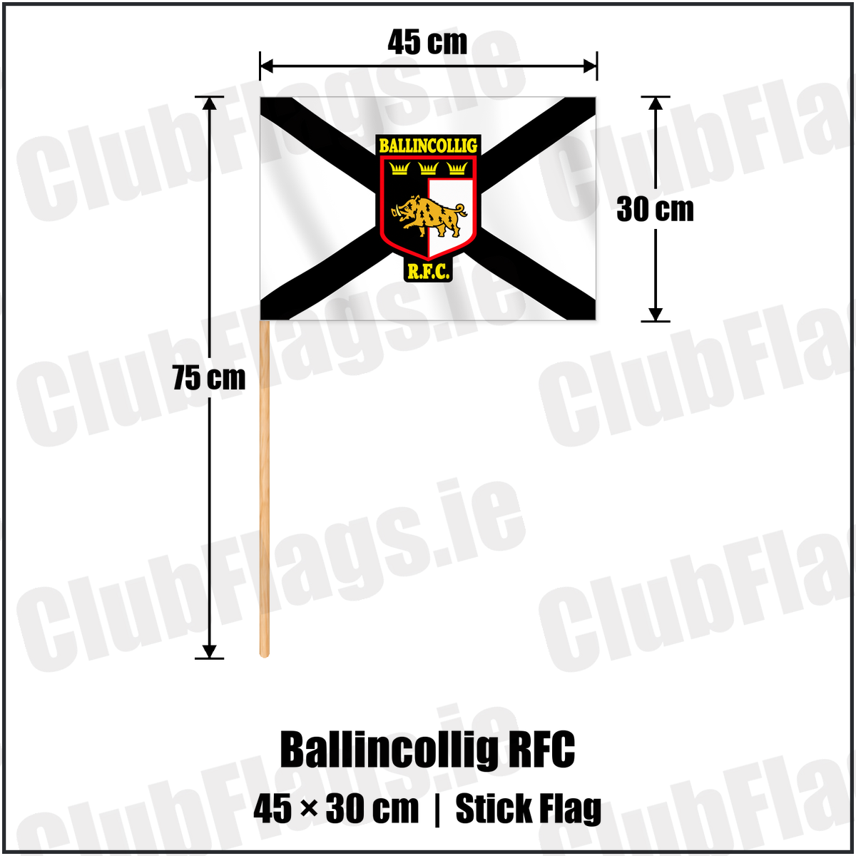 Ballincollig RFC 30cm x 45cm Stick Flag with the club crest and colours, Cork Rugby - ClubFlags.ie