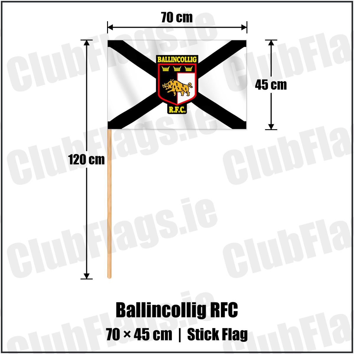 Ballincollig RFC 45cm x 70cm Stick Flag with the club crest and colours, Cork Rugby - ClubFlags.ie