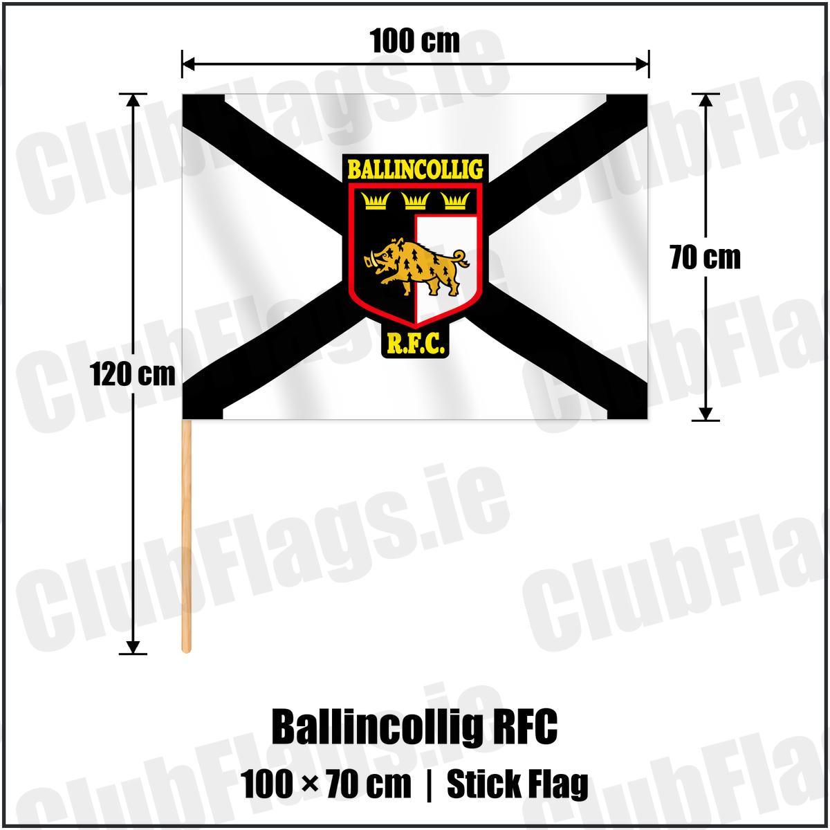 Ballincollig RFC 70cm x 100cm Stick Flag with the club crest and colours, Cork Rugby - ClubFlags.ie