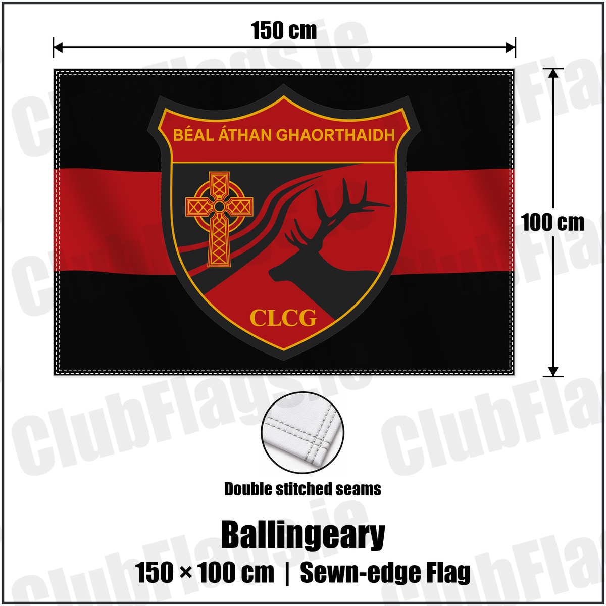 Ballingeary 100cm x 150cm Flag (sewn on the edges) with the verified club crest and colours, Cork GAA - ClubFlags.ie