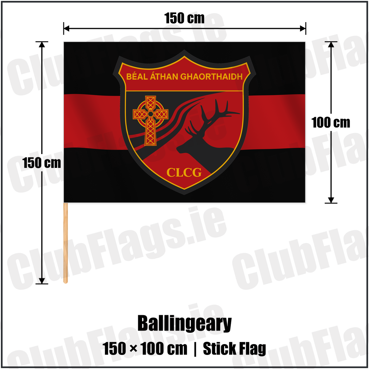 Ballingeary 100cm x 150cm Stick Flag with the verified club crest and colours, Cork GAA - ClubFlags.ie