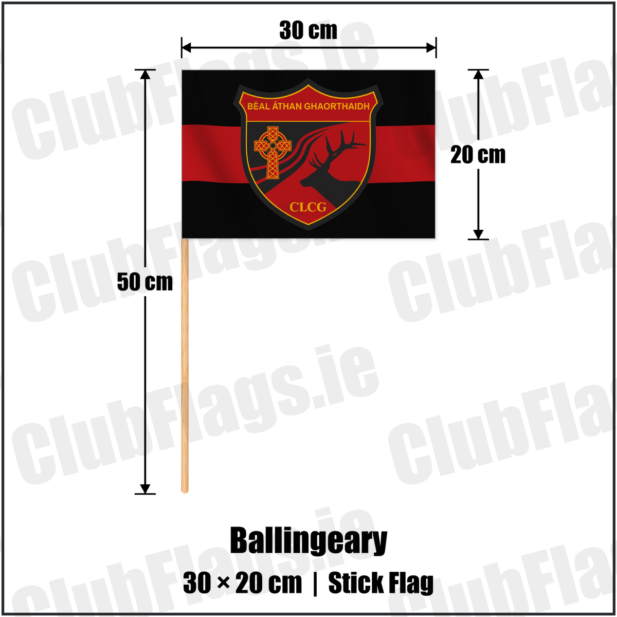 Ballingeary 20cm x 30cm Stick Flag with the verified club crest and colours, Cork GAA - ClubFlags.ie