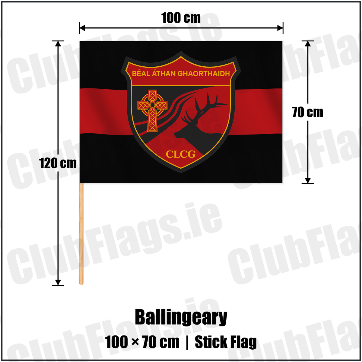 Ballingeary 70cm x 100cm Stick Flag with the verified club crest and colours, Cork GAA - ClubFlags.ie