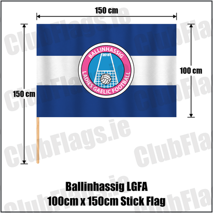 Ballinhassig LGFA 100cm x 150cm Stick Flag, featuring the club crest and royal blue and white colours; County Cork ladies Gaelic football. ClubFlags.ie.