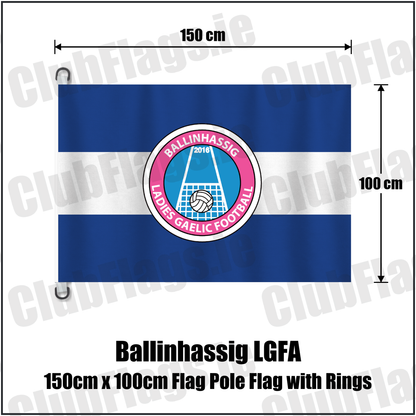Ballinhassig LGFA 150cm x 100cm Flag Pole Flag with Rings, featuring the club crest and royal blue and white colours; County Cork ladies Gaelic football. ClubFlags.ie.