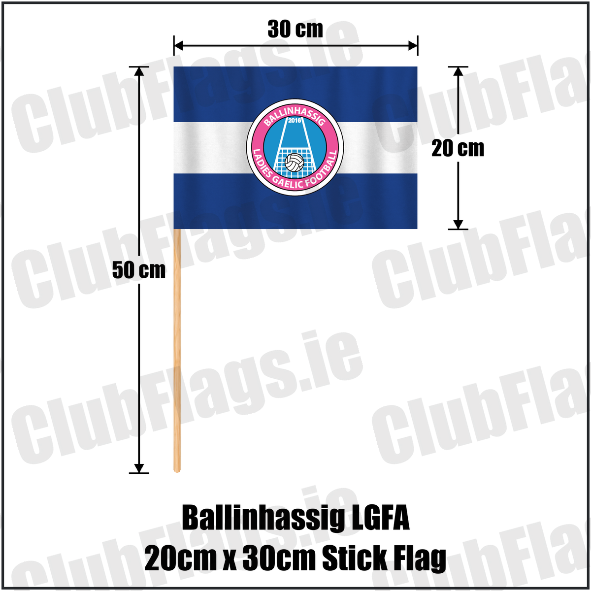 Ballinhassig LGFA 20cm x 30cm Stick Flag, featuring the club crest and royal blue and white colours; County Cork ladies Gaelic football. ClubFlags.ie.
