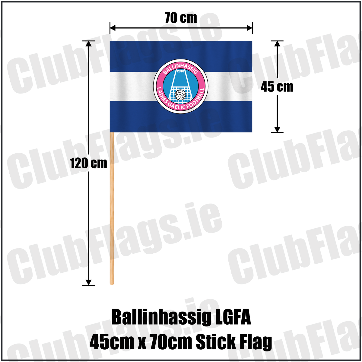 Ballinhassig LGFA 45cm x 70cm Stick Flag, featuring the club crest and royal blue and white colours; County Cork ladies Gaelic football. ClubFlags.ie.