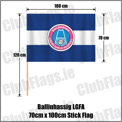 Ballinhassig LGFA 70cm x 100cm Stick Flag, featuring the club crest and royal blue and white colours; County Cork ladies Gaelic football. ClubFlags.ie.
