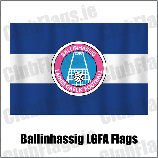 Ballinhassig LGFA Flags, featuring the club crest and royal blue and white colours; County Cork ladies Gaelic football. ClubFlags.ie.