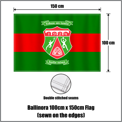 Ballinora 100cm x 150cm Flag (sewn on the edges), featuring the club crest and green and red colours; County Cork GAA. ClubFlags.ie.