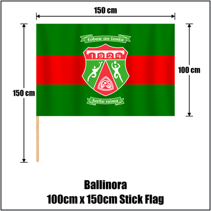 Ballinora 100cm x 150cm Stick Flag, featuring the club crest and green and red colours; County Cork GAA. ClubFlags.ie.