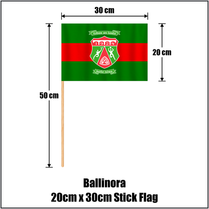 Ballinora 20cm x 30cm Stick Flag, featuring the club crest and green and red colours; County Cork GAA. ClubFlags.ie.