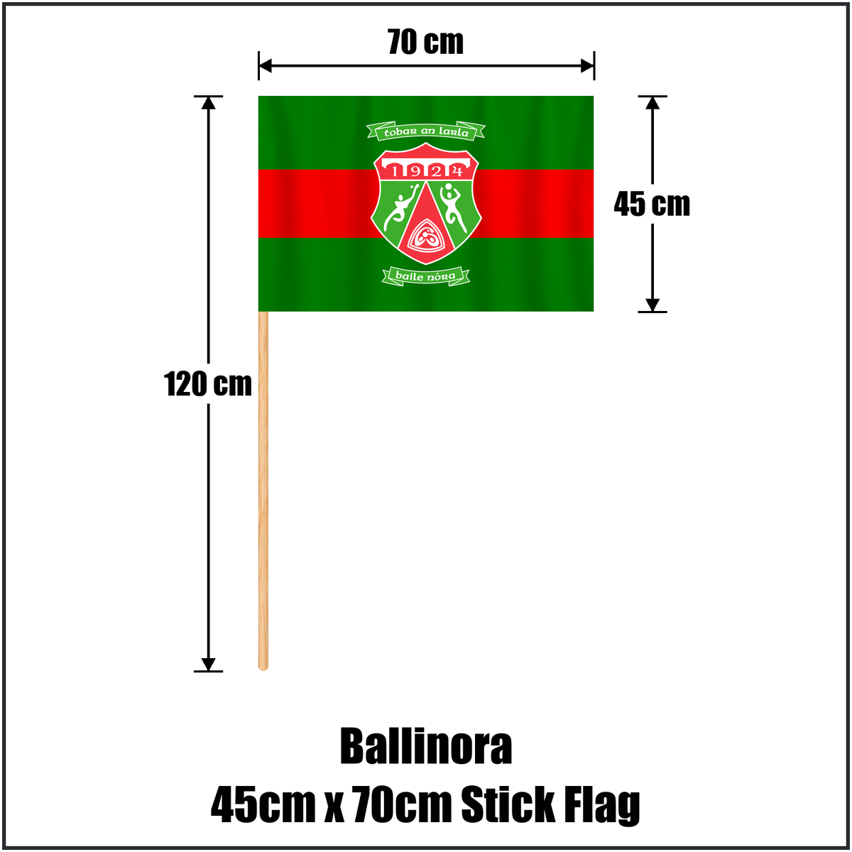 Ballinora 45cm x 70cm Stick Flag, featuring the club crest and green and red colours; County Cork GAA. ClubFlags.ie.
