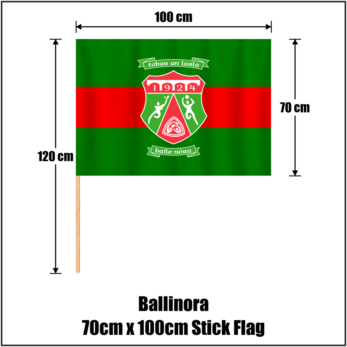 Ballinora 70cm x 100cm Stick Flag, featuring the club crest and green and red colours; County Cork GAA. ClubFlags.ie.
