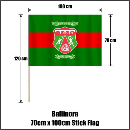Ballinora 70cm x 100cm Stick Flag, featuring the club crest and green and red colours; County Cork GAA. ClubFlags.ie.