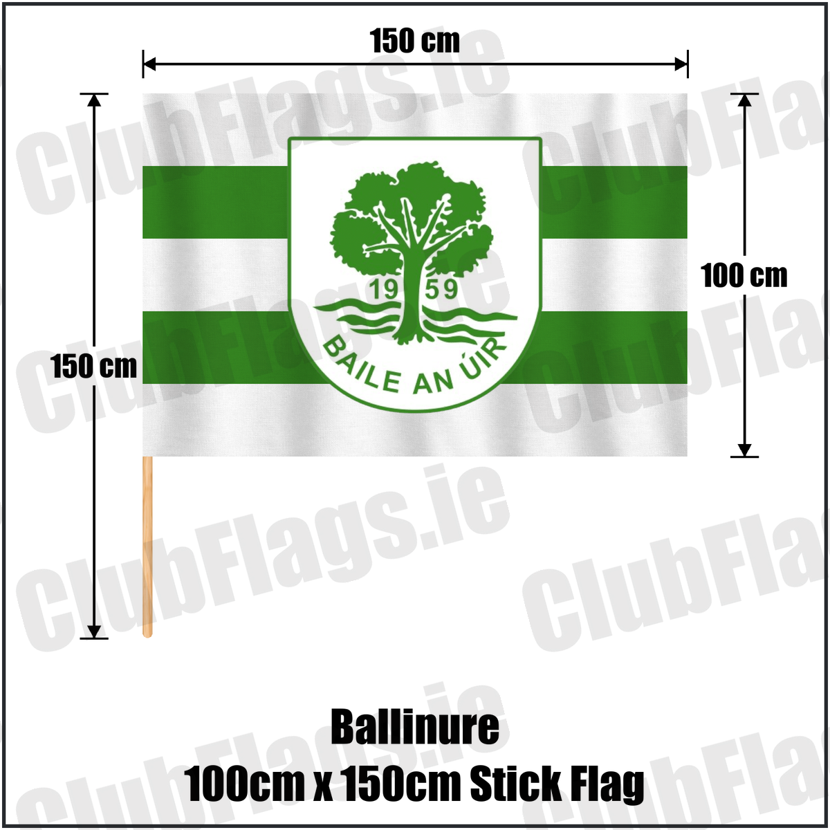 Ballinure 100cm x 150cm Stick Flag, featuring the club crest and white and green colours; County Cork GAA. ClubFlags.ie.
