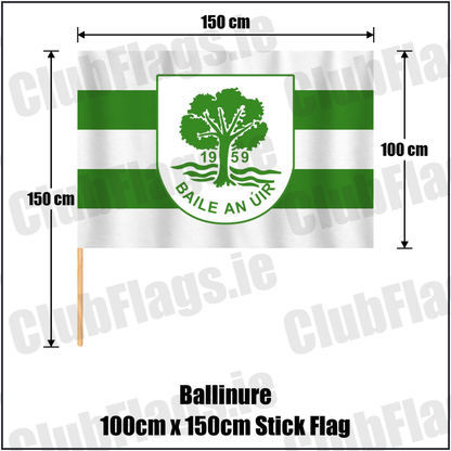 Ballinure 100cm x 150cm Stick Flag, featuring the club crest and white and green colours; County Cork GAA. ClubFlags.ie.