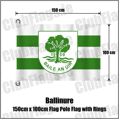 Ballinure 150cm x 100cm Flag Pole Flag with Rings, featuring the club crest and white and green colours; County Cork GAA. ClubFlags.ie.